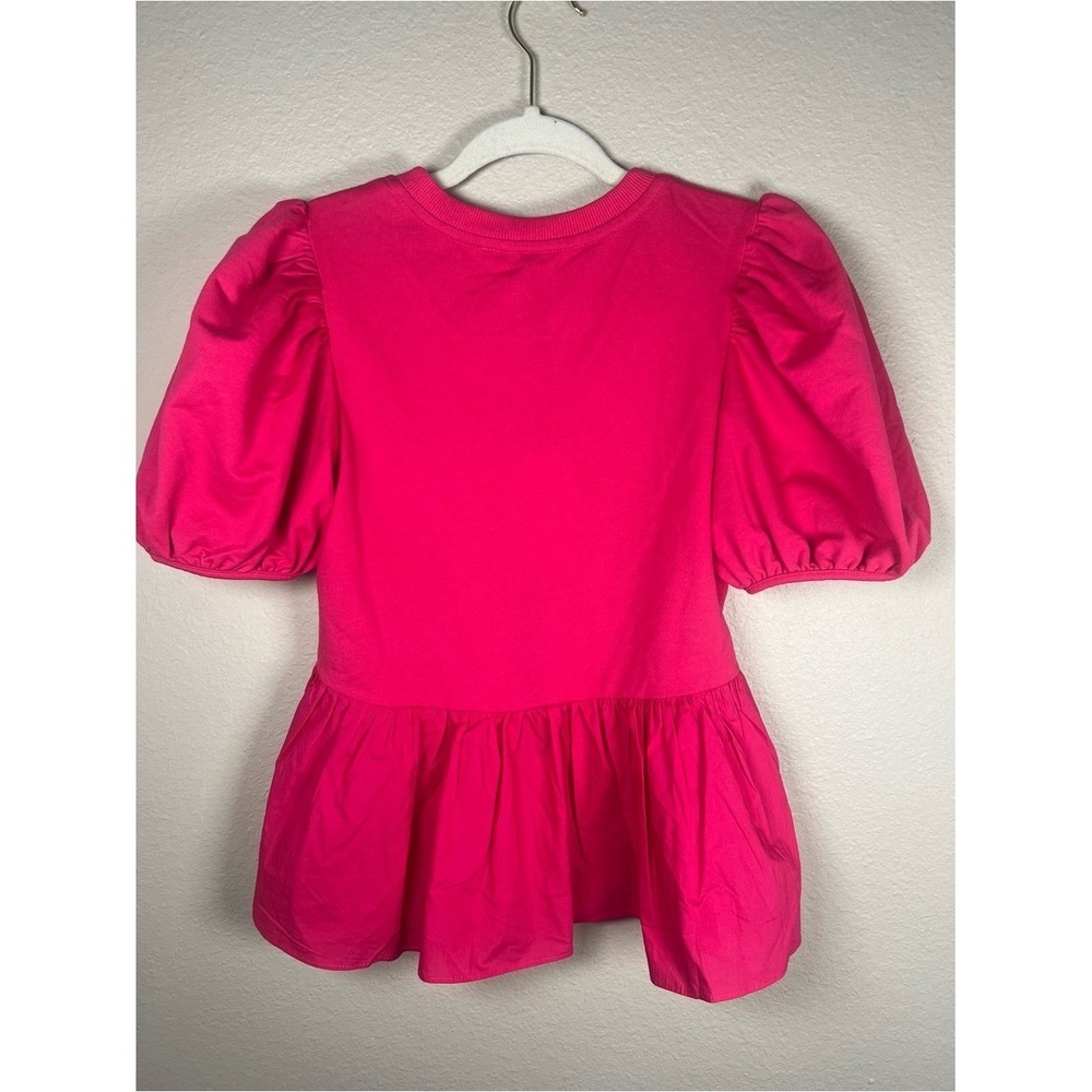 English Factory Mixed Media Puff Sleeve Peplum Top Pink XS NWT Crewneck Blouse - Picture 6 of 10